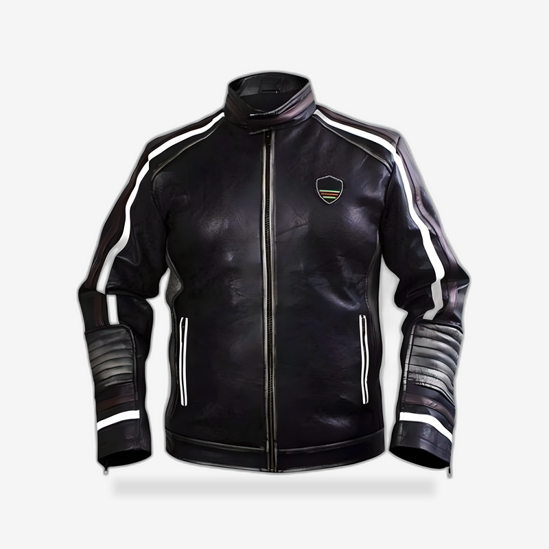 Retro Stripe Leather Riding Jacket front view - AtomBiker