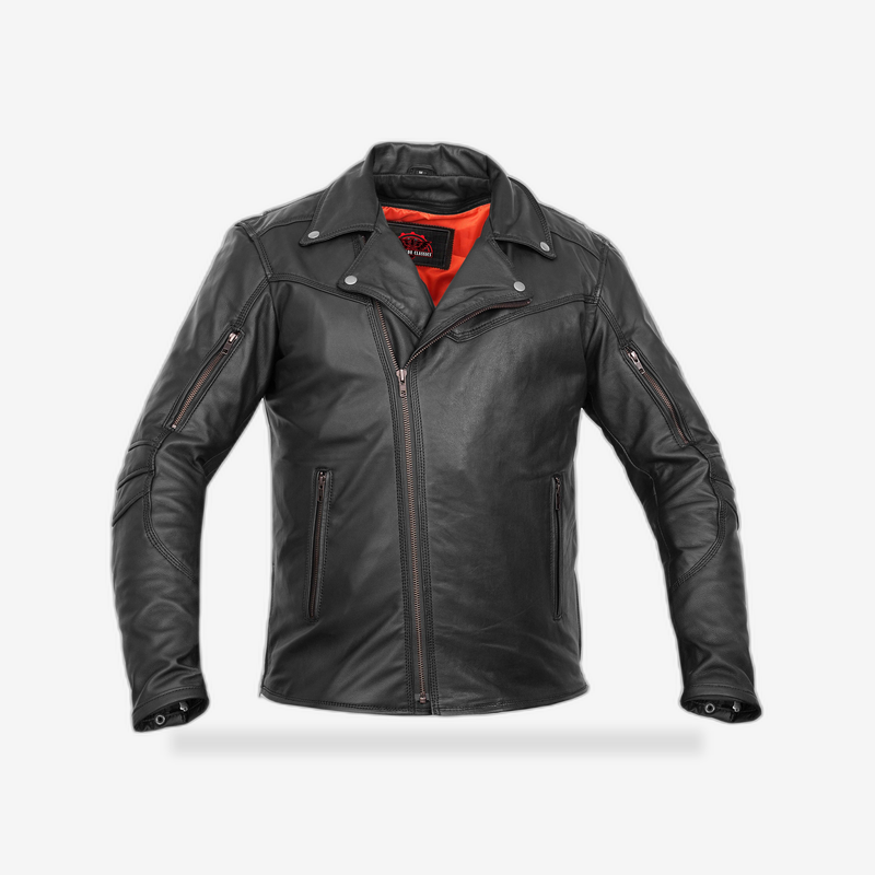 Black Speed Men's Motorcycle Leather Jacket – Smart Access Pocket front view - AtomBiker