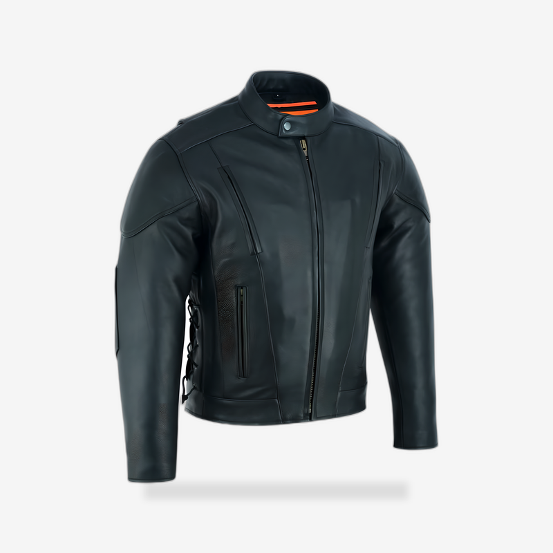 Men's Premium Vented Motorcycle Jacket – Side Laces front view - AtomBiker