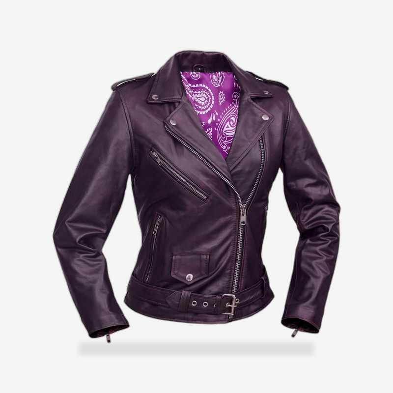 Violet Vixen Women’s Leather Motorcycle Jacket front view - AtomBiker