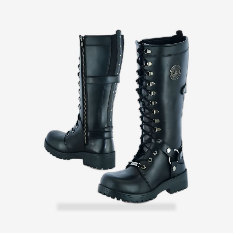 Women's 15 Inch Black Leather Stylish Harness Boot front view - AtomBiker