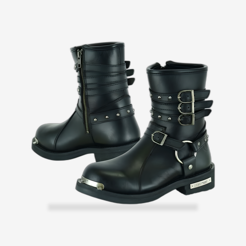 Women's 9 Inch Black Triple Buckle Leather Harness Boot front view - AtomBiker
