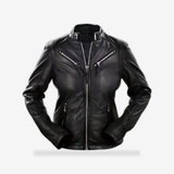 Women's Classic Black Leather Jacket front view - AtomBiker