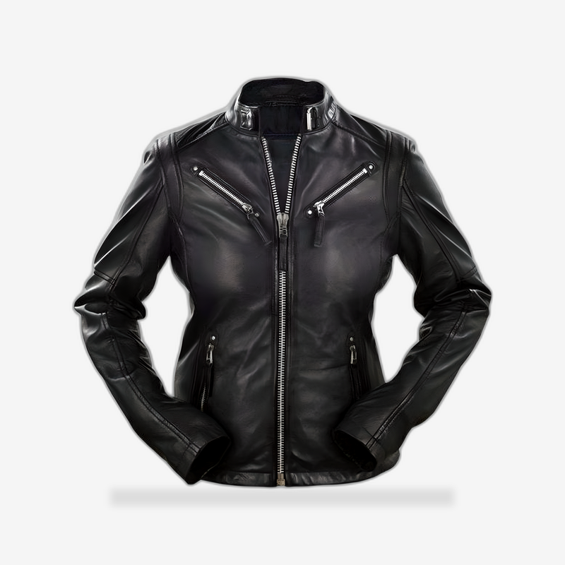Women's Classic Black Leather Jacket front view - AtomBiker