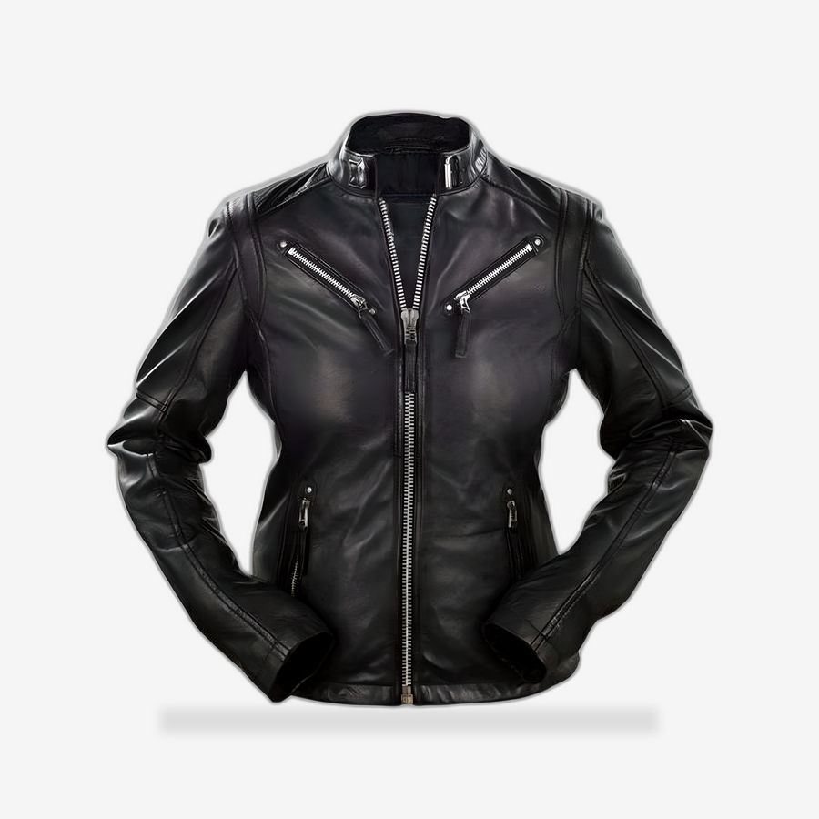Women's Classic Black Leather Jacket front view - AtomBiker