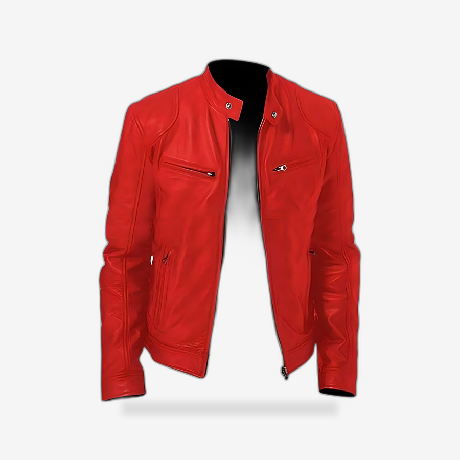 Vintage Red Leather Riding Jacket front view - AtomBiker