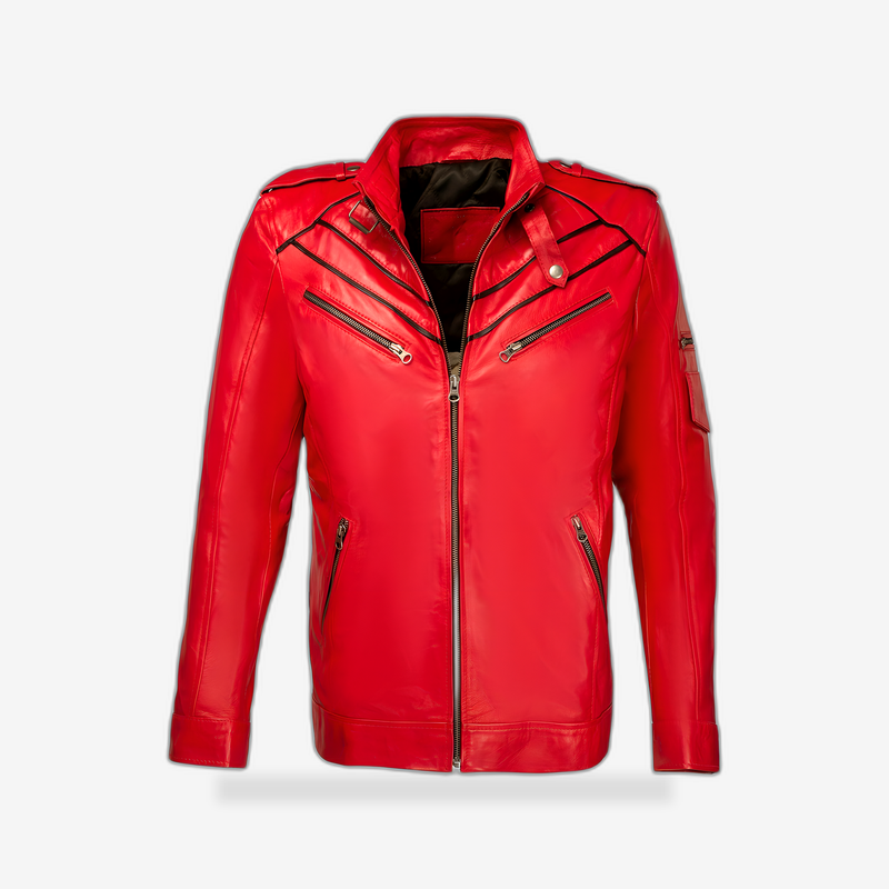Cafe Racer Red Leather Jacket front view - AtomBiker