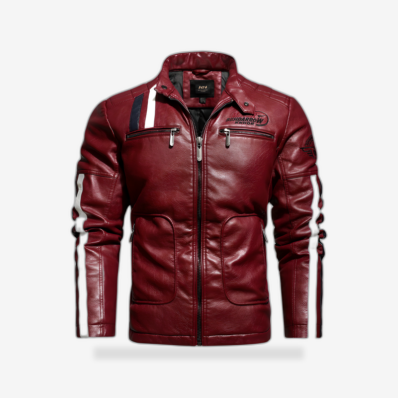 Racing Stripe Leather Jacket front view - AtomBiker