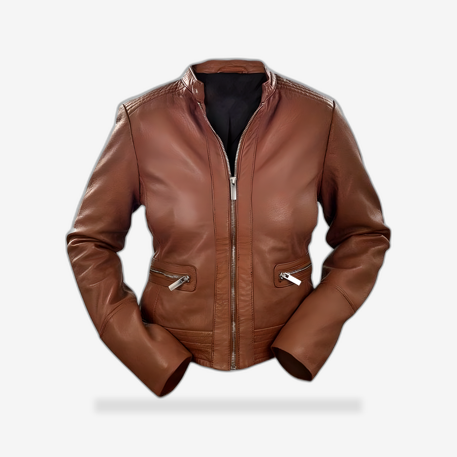 Women's Heritage Brown Leather Jacket front view - AtomBiker