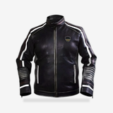 Retro Stripe Leather Riding Jacket front view - AtomBiker