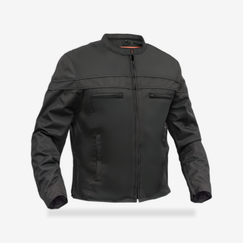 All-Season Men's Textile  Motorcycle Jacket with Reflective Stripes front view - AtomBiker