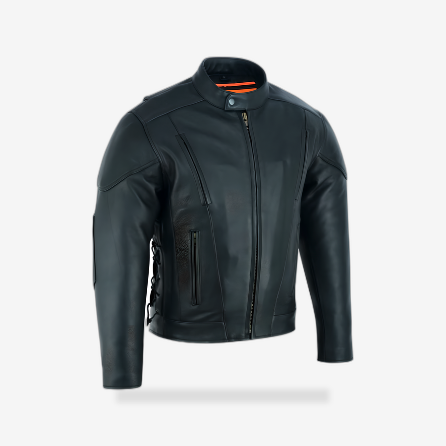 Men's Premium Vented Motorcycle Jacket – Side Laces front view - AtomBiker