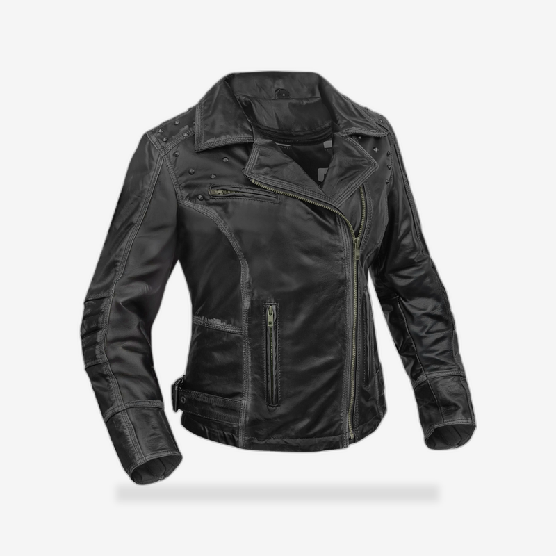 Shadow Stud - Women’s Leather Motorcycle Jacket front view - AtomBiker