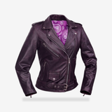 Violet Vixen Women’s Leather Motorcycle Jacket front view - AtomBiker