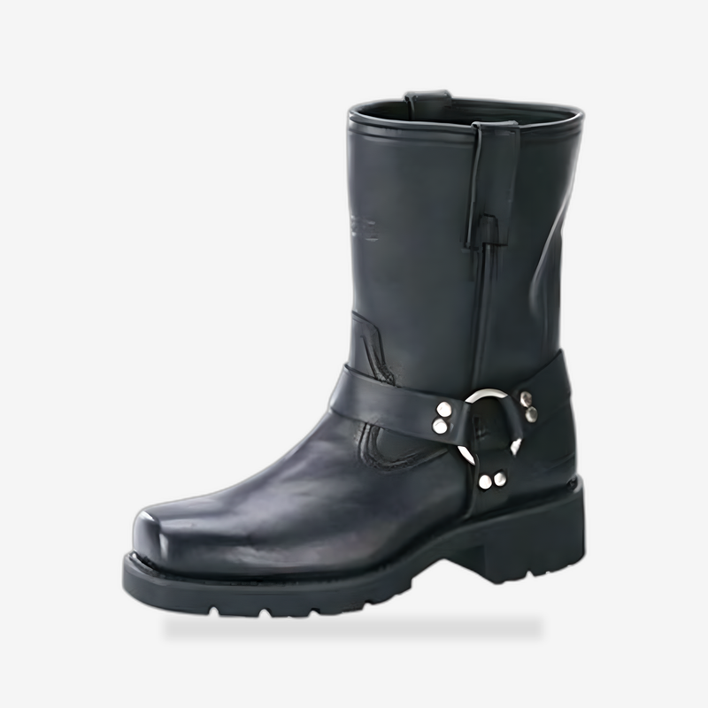 Strikewalk Men's leather motorcycle boots - Black front view - AtomBiker