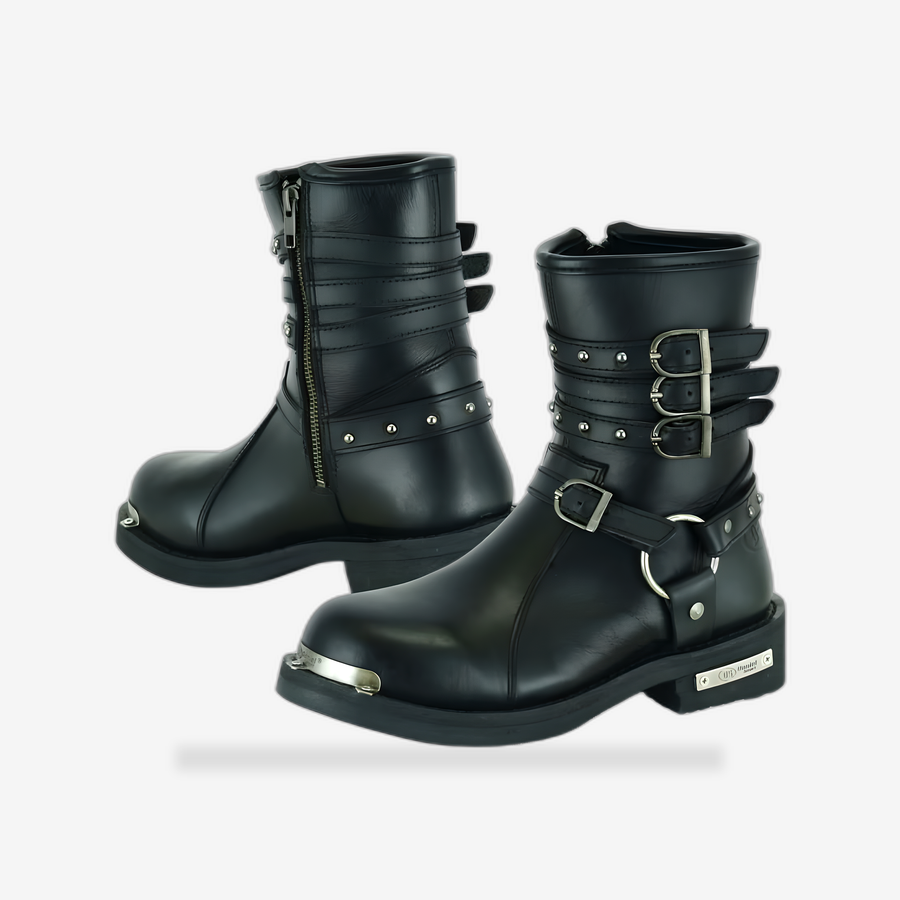 Women's 9 Inch Black Triple Buckle Leather Harness Boot front view - AtomBiker