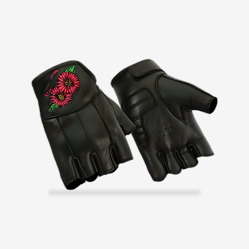 Women's Embroidered Fingerless Glove front view - AtomBiker