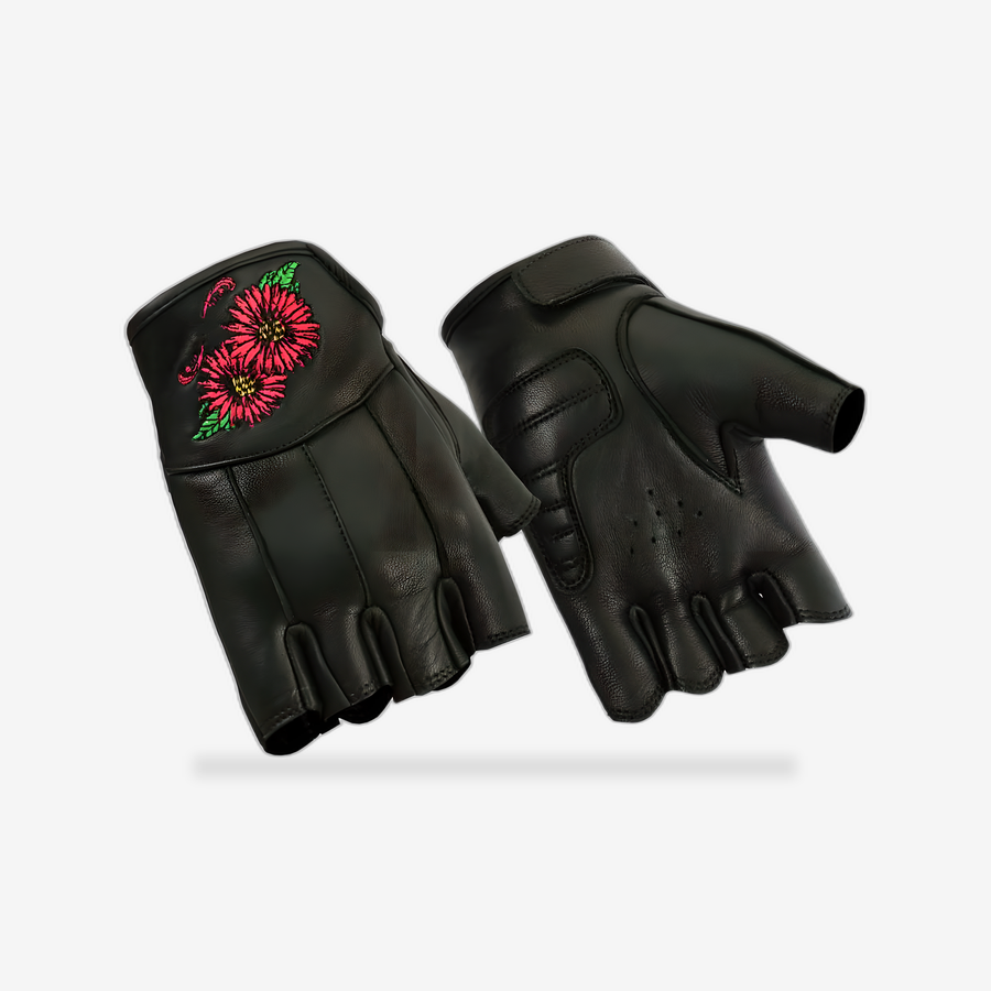 Women's Embroidered Fingerless Glove front view - AtomBiker