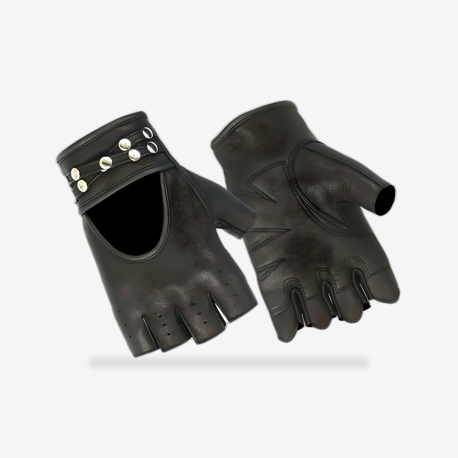Women's Fingerless Glove with Rivets Detailing front view - AtomBiker