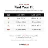 AtomBiker glove size guide - palm width and hand length