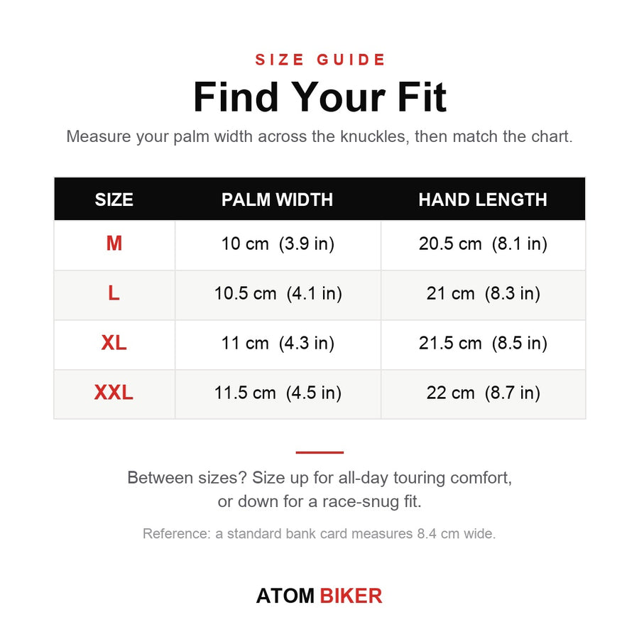 AtomBiker glove size guide - palm width and hand length