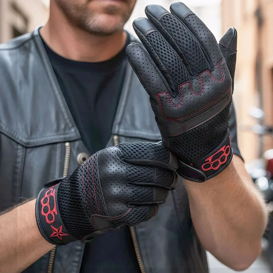 Hot Leathers GVM1302 Uni-Sex Black 'Brass Knuckles' Leather and Mesh Gloves